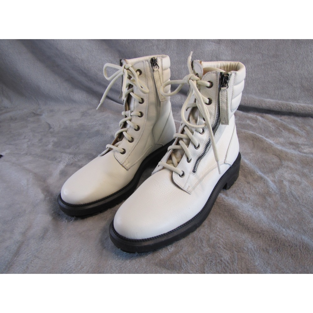 Aquatalia Womens White Pebbled Leather Lace Up Side Zip‎ Lug Sole Combat Boots 8